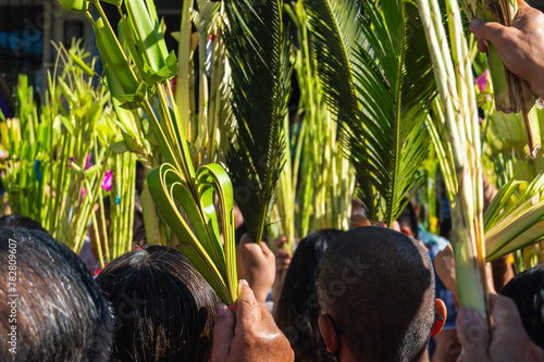 Fototapeta People congregate outside the church with palm fronds to celebrate Palm Sunday