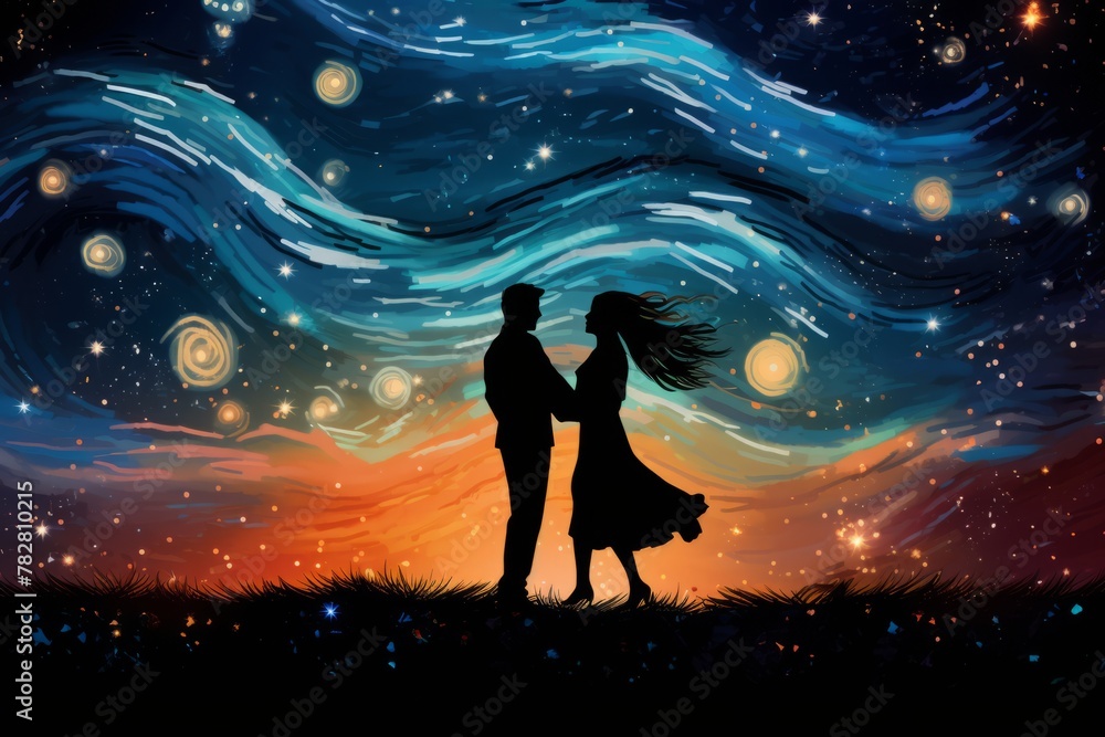 A couple dancing under a starry night sky