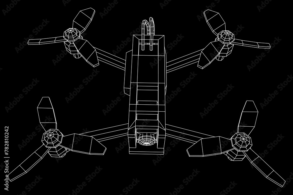 FPV Drone Racing freestyle sport flight. Hobby toys. Wireframe low poly mesh vector illustration.