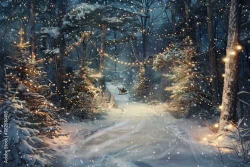 A whimsical scene of a sleigh ride through a snowy forest, with twinkling lights illuminating the path, against a backdrop of midnight blue, offering ample space for your seasonal message. © Ibraheem