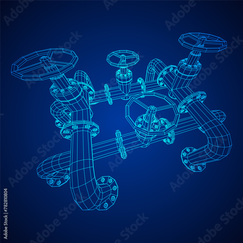 Oil pipeline with valve. Petrol production. Petroleum fuel industry transportation line. Wireframe low poly mesh vector illustration
