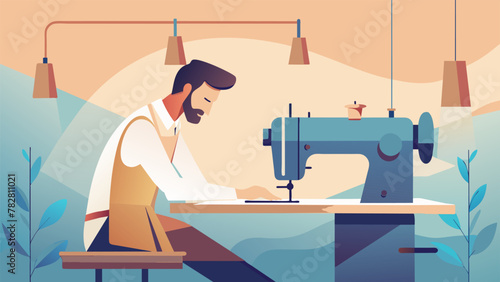 A man sits at his sewing machine carefully crafting a beautiful dress that will be sold as part of a fairtrade fashion collection. As he works
