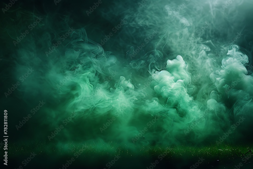Stadium odor mist, smoke, green background, dark ground, mild scent, deadly black smell. Background: translucent green grass, smoke, cloud, fart, soccer, night field, dust, poison, and potion. unclean - obrazy, fototapety, plakaty 
