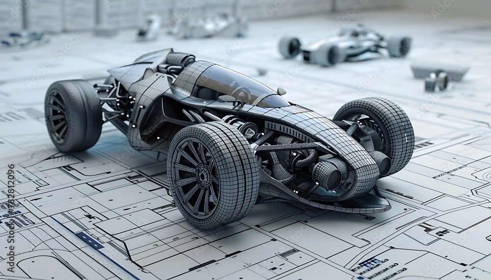 intricate 3D model of futuristic concept car via CAD, emphasizing aerodynamics, interior layout, & avant-garde design for cutting-edge automotive innovation