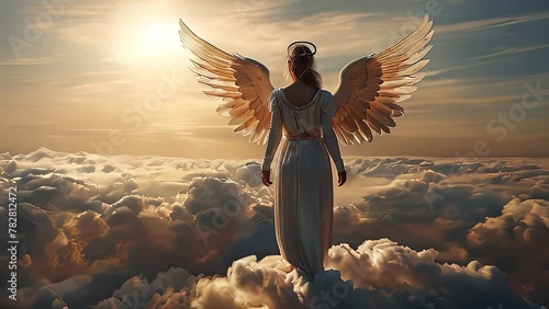 View of an angel from behind watching heaven clouds photo