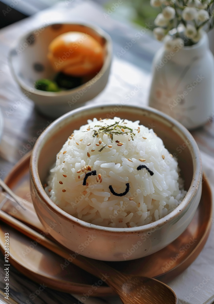 A dish of rice, delicately arranged and presented in a cute manner A dish of rice, delicately arranged and presented in a cute manner