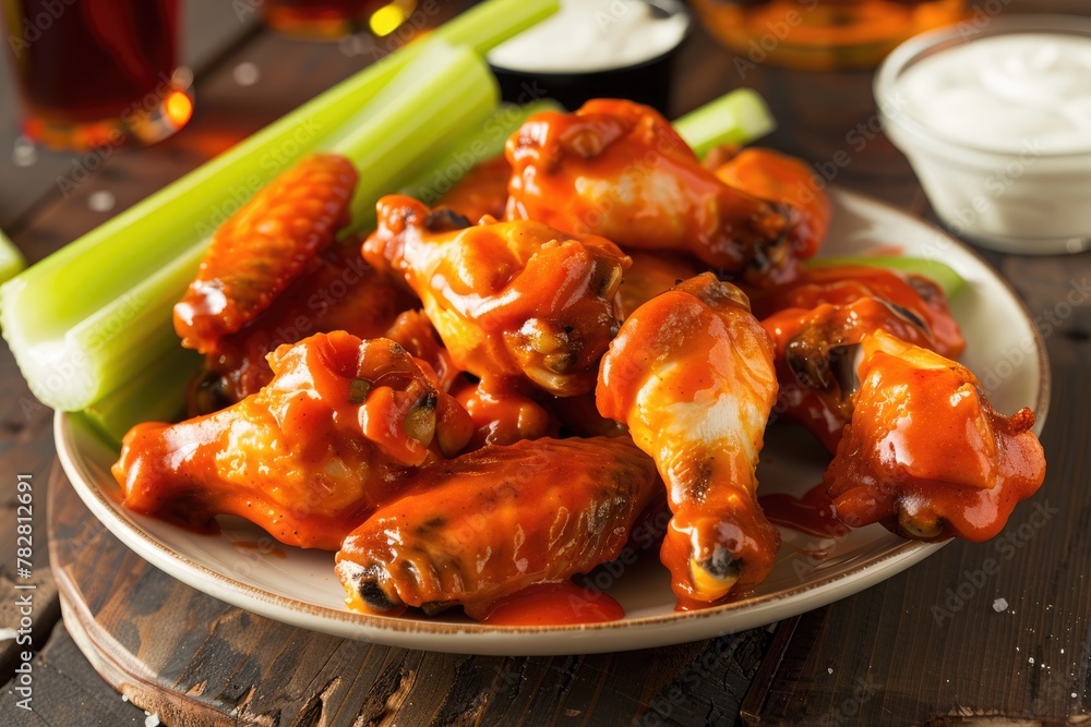 A tempting plate of chicken wings with buffalo sauce, celery sticks, and ranch dressing.