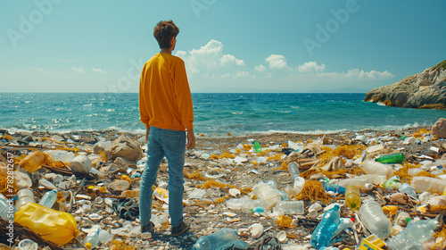 A man stands on a littered beach strewn with garbage and plastic bottles