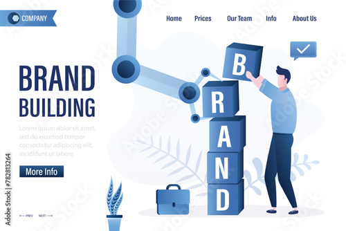 Brand building, landing page. Company development, teamwork. Businessman and robot hand make up the word - BRAND from cubes. Marketing campaign with help of ai, promotion.