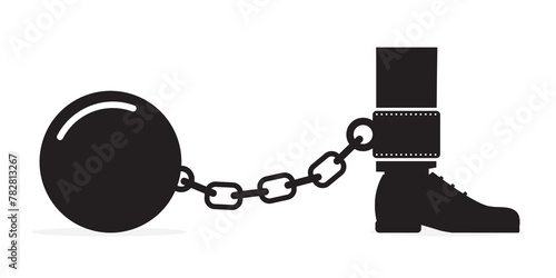 Giant prison ball and chain. Black silhouettes of men leg with shackles and chain isolated on white background. Chained male foot.
