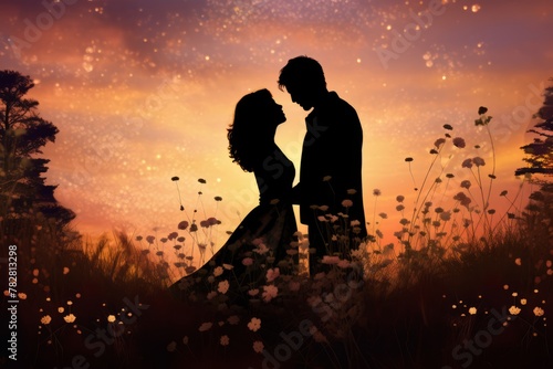 Couple's silhouettes in a meadow of wildflowers