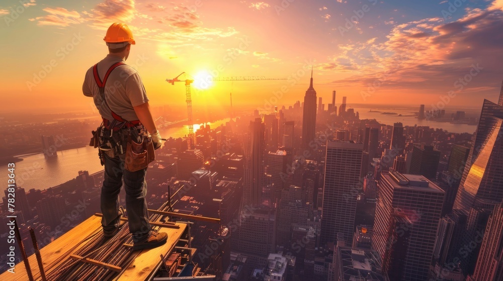 silhouette of a person in the sunset, sunset in the city, construction worker on top of a skyscraper overlooking city panorama at sunset, builder