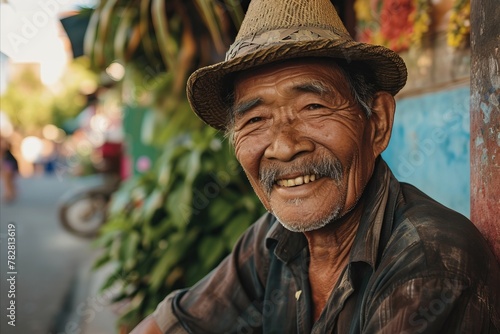 Old man wearing a hat and smiling in the streets of Hoi An, Vietnam photo