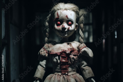 Haunted doll with glowing red eyes.