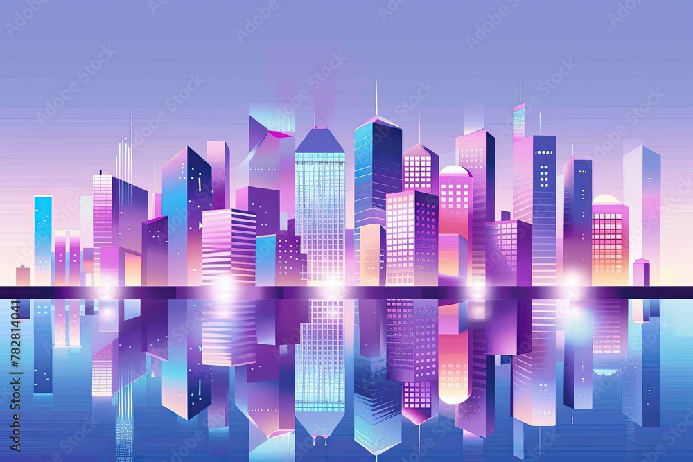 A digital painting of a cyberpunk city. The colors are bright and the lines are sharp. There is a river in front of the city and the city lights are reflecting off of it.