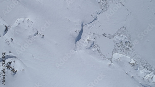 Antarctica Coast Glacier Surface Open Water Aerial View. Arctic Lagoon Floating Melting Ice Majestic Landscape Global Warming Concept Top Flight Drone