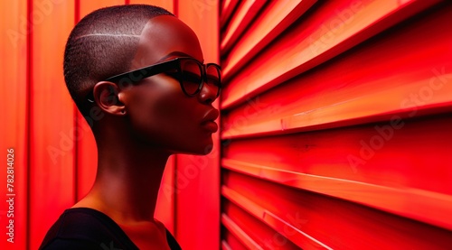 modern black woman with glasses in front of a red background