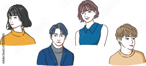 人物のリアルなイラスト。おしゃれな男女のアイコン。ベクター素材。
