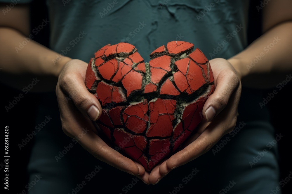 Person holding a cracked heart shaped object Person holding a cracked heart shaped object