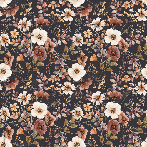 Beautiful floral seamless pattern with hand drawn watercolor autumn fall colors flowers. Stock floral illustration.