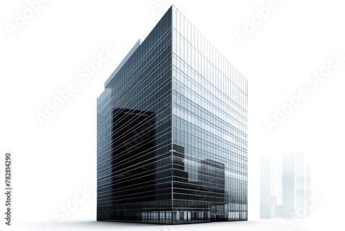 A sleek  black office building with a glossy finish  standing out against a white background.