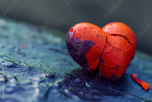 Red heart made of plasticine on a dark background with water drops