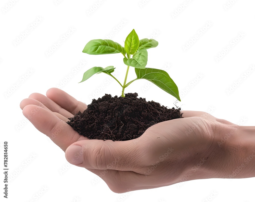 Young green plant cradled in a human hand, symbolizing growth and care. Eco-friendly concept on white background. Perfect for environment-related themes. AI Young green plant cradled in a human hand, symbolizing growth and care. Eco-friendly concept on white background. Perfect for environment-related themes. AI