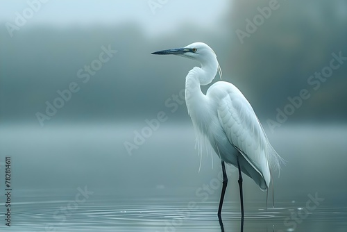 Misty Serenade: Solitary Heron Amidst Tranquil Waters. Concept Nature Photography, Wildlife, Serenity, Solitude, Tranquility © Anastasiia