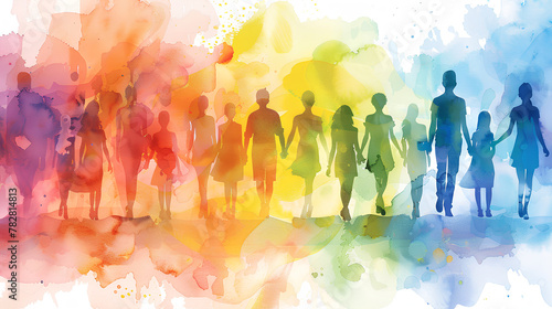Crowd of Watercolor Silhouettes, Colorful Social Gathering, Unity and Friendship Concept