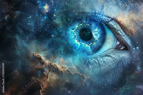 Close-up of woman's eye with blue iris in space