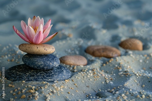 Pink lotus flower on stones on the sand, Zen background
