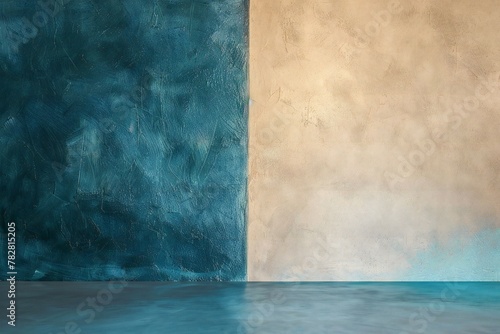 Blue and beige empty room with concrete wall and floor