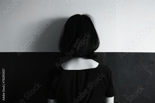 Back view of a young woman in black dress standing in front of the wall