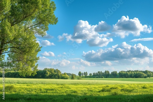 Green meadow under blue sky with white clouds, Spring landscape
