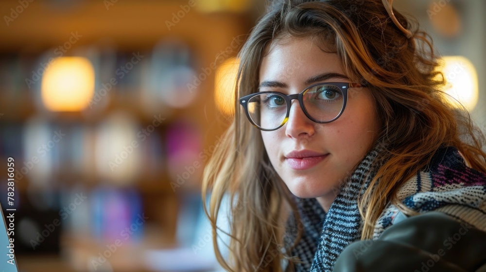 Young Female Student Studying and Exploring Online Learning Opportunities with Laptop and Eyeglasses in Campus Setting Young Female Student Studying and Exploring Online Learning Opportunities with Laptop and Eyeglasses in Campus Setting