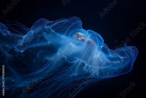 White Jellyfish dansing in the dark blue ocean water