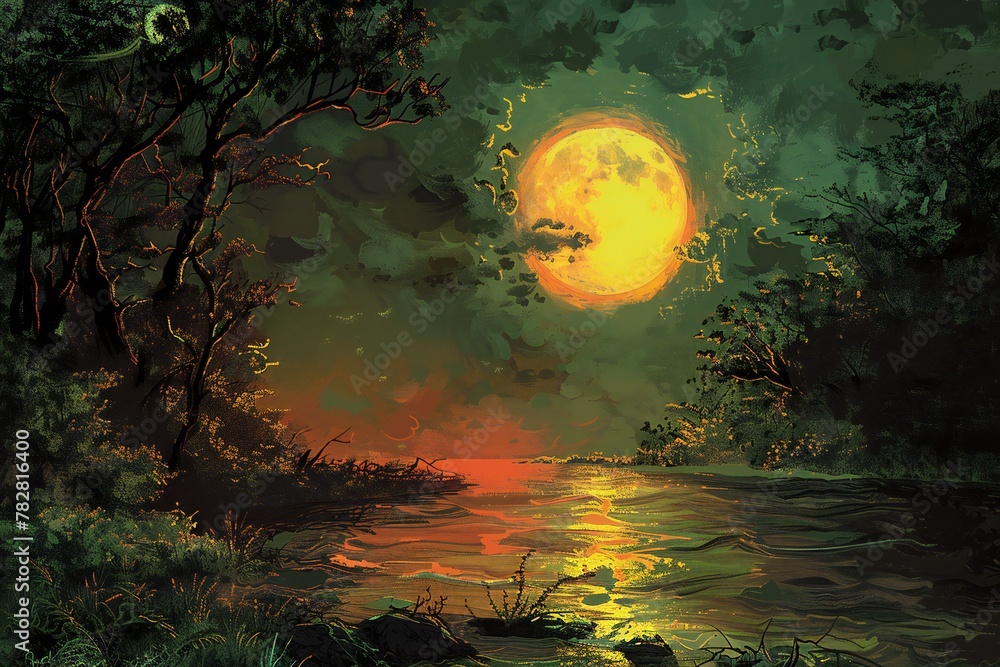 Sunset over the river,  Illustration in digital painting style
