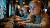 Young Girl Engrossed in Educational Computer Game Combining Fun and Learning