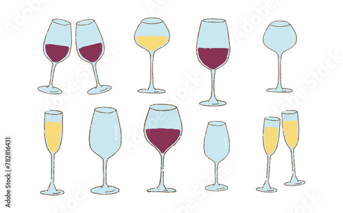 ワイン　グラス　手書き　鉛筆　シンプル　セット