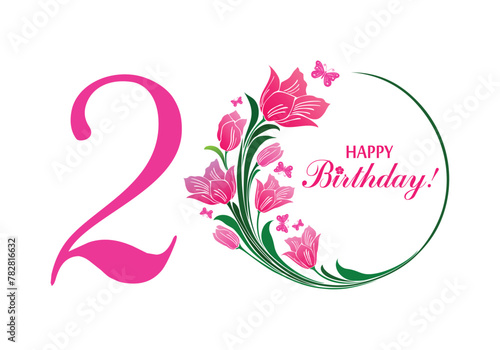 Happy birthday card. 20th anniversary.  Celebration white background with number twenty, flowers, leaves and place for your text. Festive posters. Vector illustration