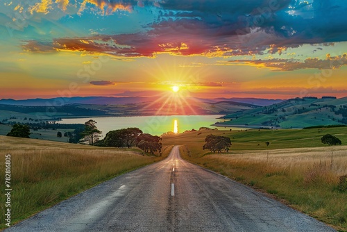 Sunset over a country road in New South Wales, Australia photo