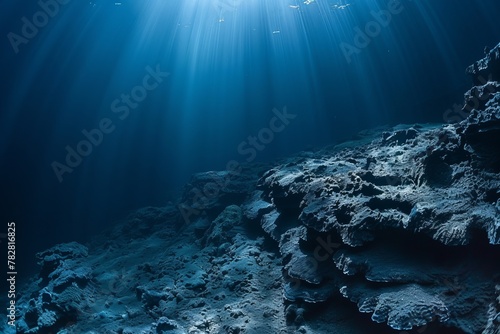 Underwater view of a cave with sunlight shining through the cave.