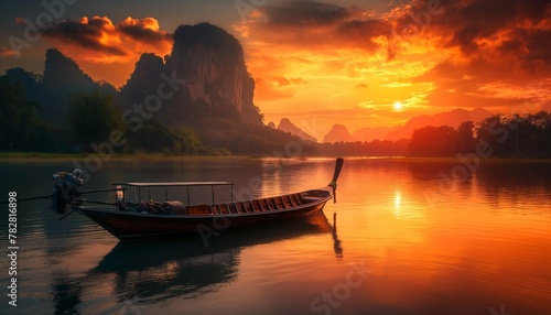AI Generator pictures rowing boats along sandy beaches, sea dams, and rivers. with a mountain backdrop Sunrise time, sunset time, twilight time