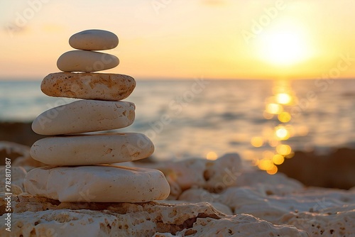 Pile of stones on the beach at sunset, Zen concept