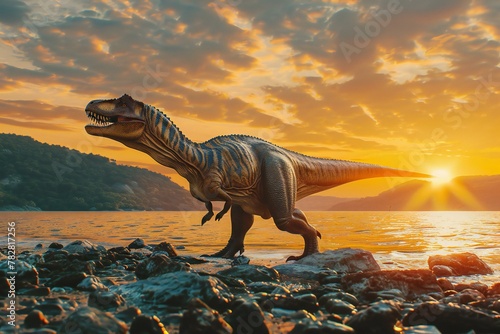 Dinosaur on the beach at sunset