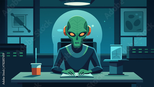 A lone alien sits in a laboratory surrounded by advanced technology and a holographic image of a human brain. The aliens wrinkled brow and