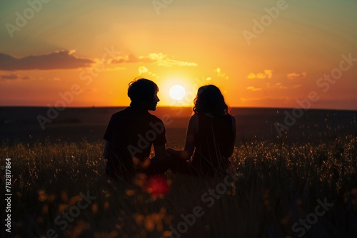 Silhouette of a loving couple sitting on a field at sunset