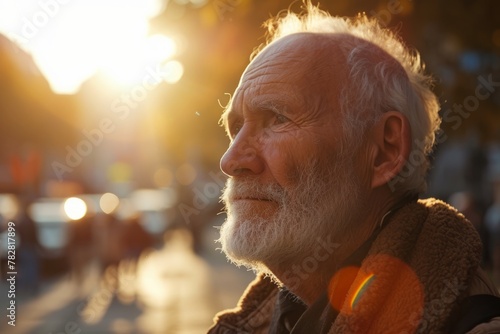 Portrait of an old man with a beard in the city at sunset © Loli