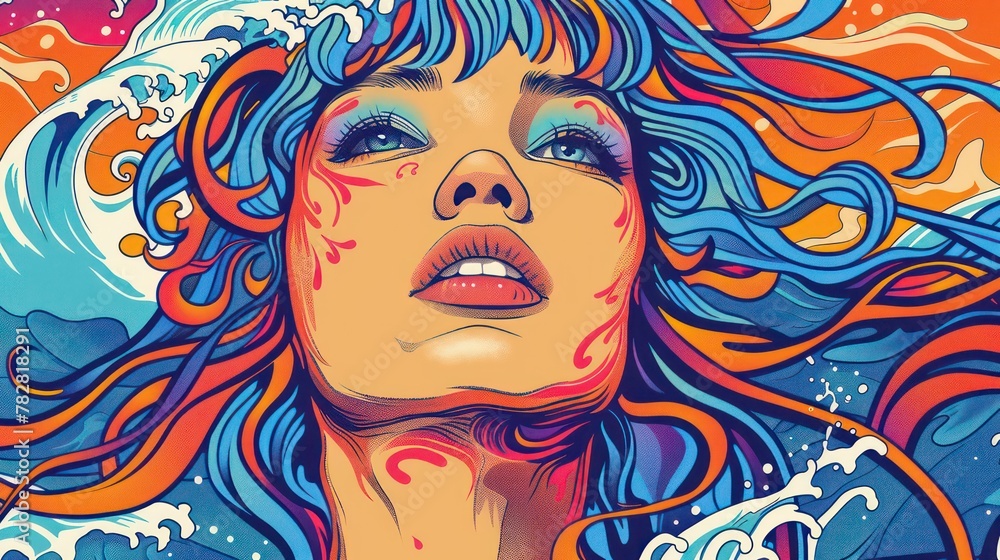 A painting of a beautiful woman with colorful wavy and loose hair with a serenity and elegance colorful concept. A painting of a beautiful woman with colorful wavy and loose hair with a serenity and elegance colorful concept.