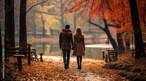 a man and a woman walking down a path in a park, a picture, autumn background, lakeside, cute, back
